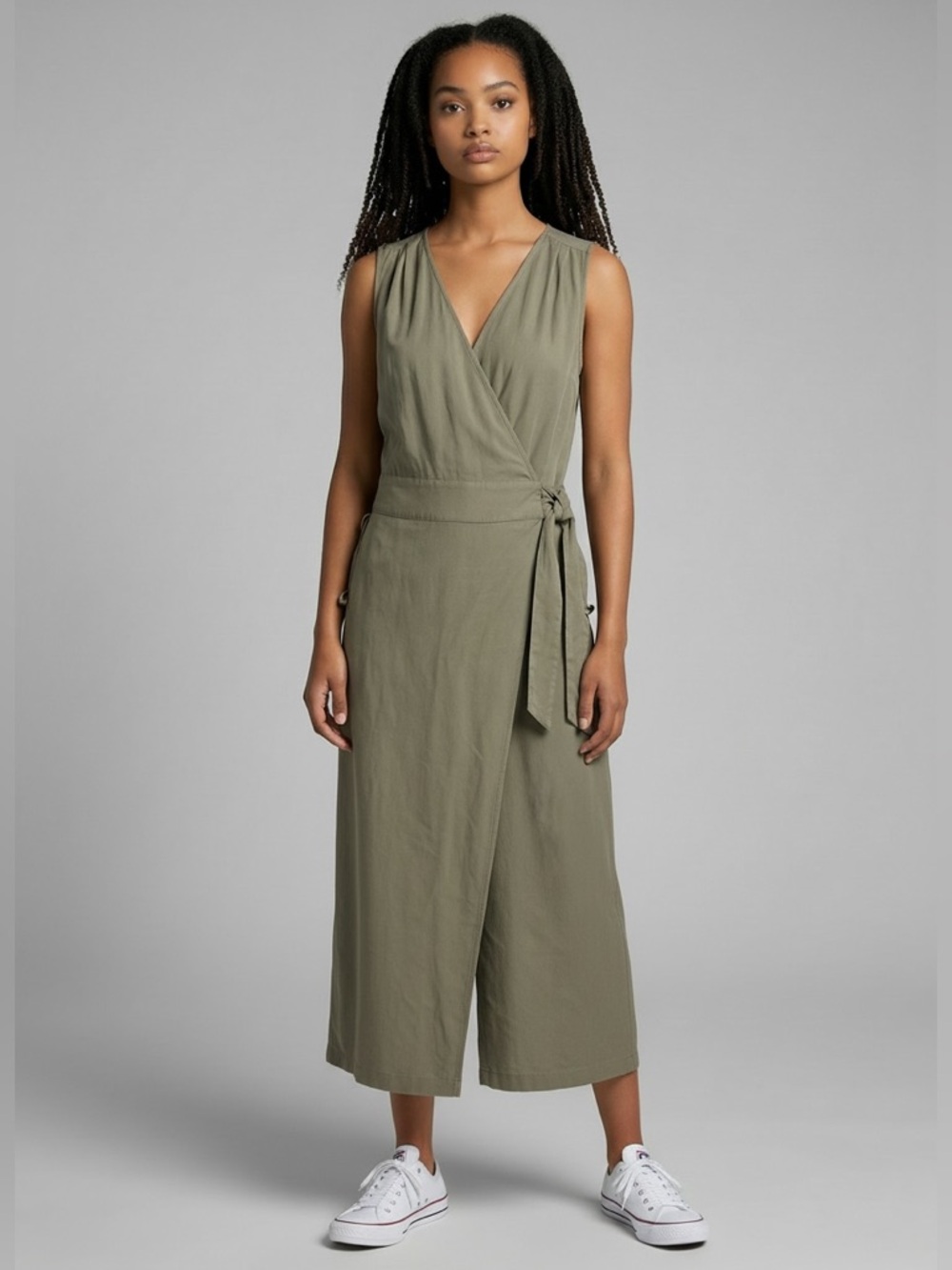 Go by Go Silk Wide Leg Jumpsuit Size S Olive Green Cropped Faux Wrap Casual